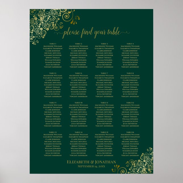 16 Tabelle Smaragdgrüne Hochzeitssattel Gold Poster (Vorne)