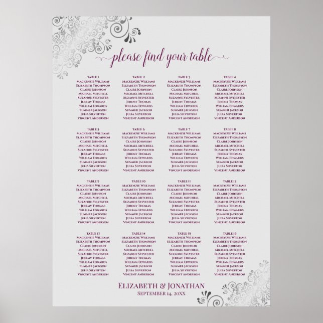 16 TabellenCassis on Gray Wedding Seating Chart Poster (Vorne)