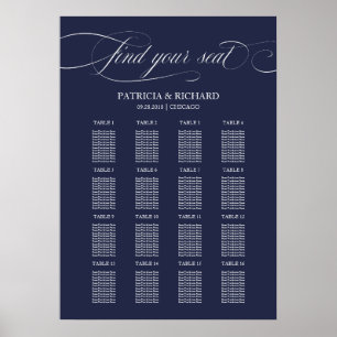 16 Tables Navy Blue Wedding Seating Chart Sign Poster