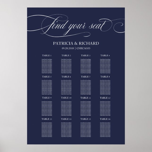 16 Tables Navy Blue Wedding Seating Chart Sign Poster (Vorne)