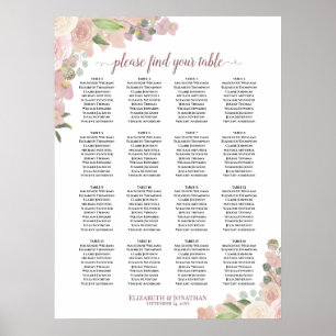 16-Tisch-Boho-Rosa-Floral-Hochzeits-Sitzplan Poster
