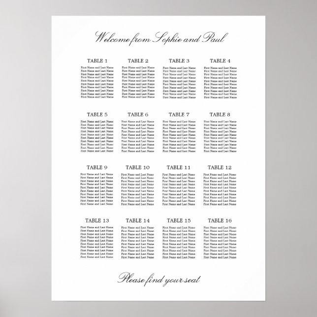 16 Tisch Eleganter Minimalistischer Sitzplan Poster (Vorne)