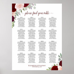 16-Tisch-Rot- und Rosa-Floral-Hochzeits-Sitzplan Poster