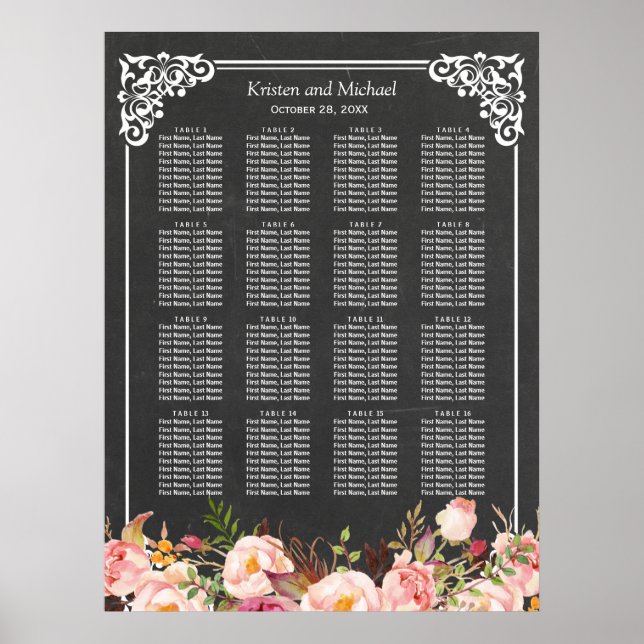 16 Tische Blumenkhalkartentafel Hochzeitstabelle Poster (Vorne)