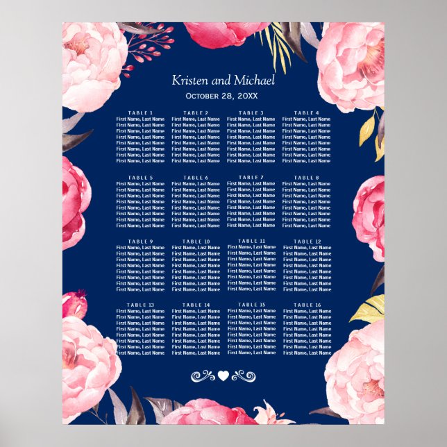 16 Tische Rosa Blumenkreide Hochzeitstabelle Poster (Vorne)