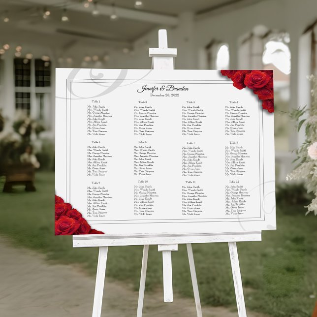 16 x 20 Rote Rosen Sitzplan Poster (12 Table Elegant Red Roses Seating Chart)
