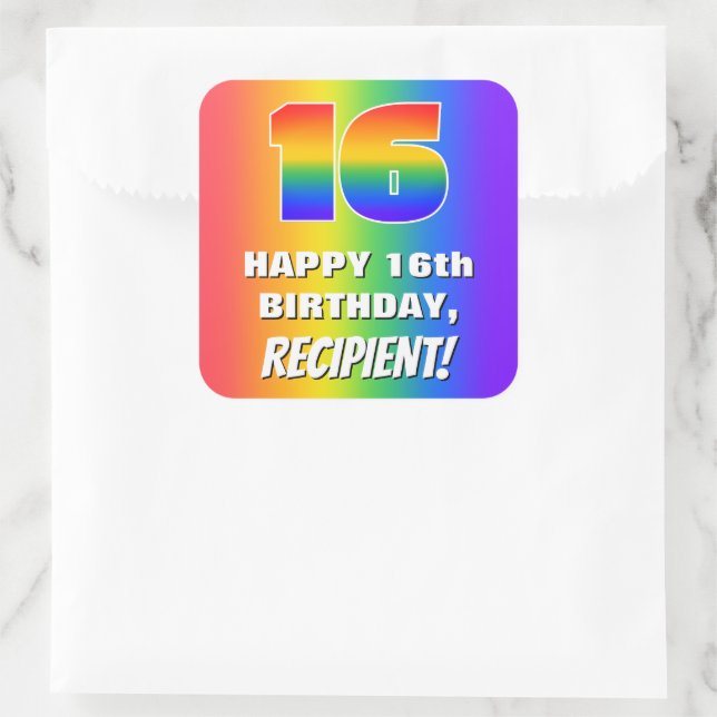 16th Birthday: Colorful, Fun Rainbow Pattern # 16 Quadratischer Aufkleber (Tasche)