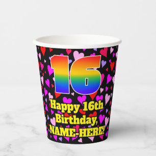 16th Birthday: Loving Hearts Pattern, Rainbow 16 Pappbecher