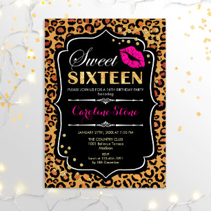 16th Birthday - Sweet Sixteen Leopard Print Pink Einladung