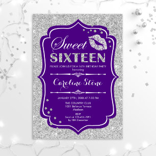 16th Birthday - Sweet Sixteen Purple Silver Einladung