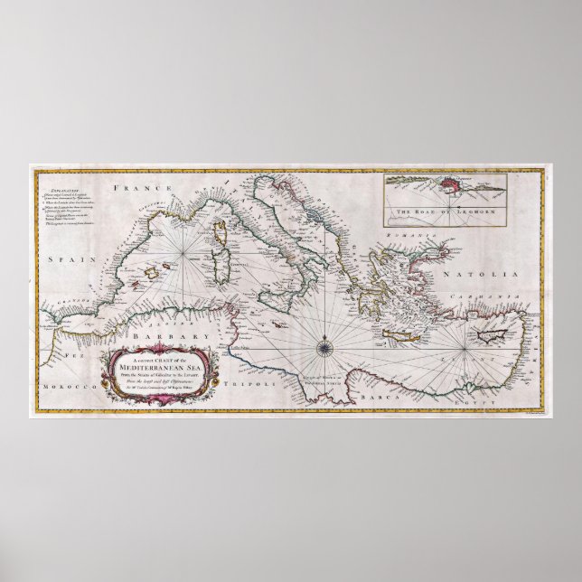 1745 Seale Map oder Sealkarte des Mittelmeers Poster (Vorne)
