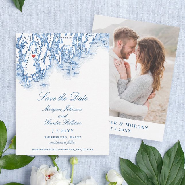 1774 Inn Phippsburg Maine Elegant Navy Hochzeit Save The Date (Phippsburg Maine map wedding invitations for a historic 1774 Inn destination wedding)