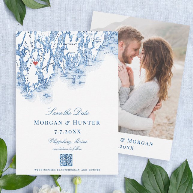 1774 Inn Phippsburg Maine Karte Eleganter QR-Code (Phippsburg, Maine map save the dates perfect for your navy blue 1774 Inn destination wedding)