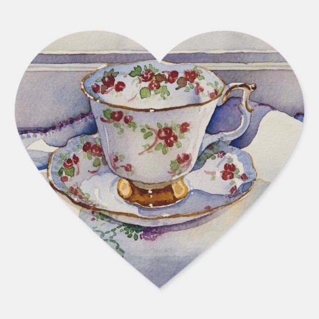 1799 Teacup auf Linen Herz-Aufkleber (Vorderseite)