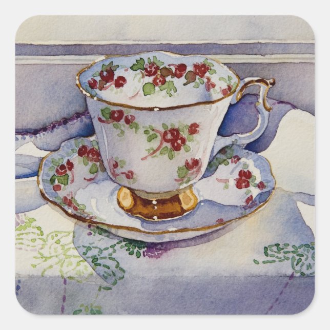 1799 Teacup auf Linen Quadratischer Aufkleber (Vorderseite)