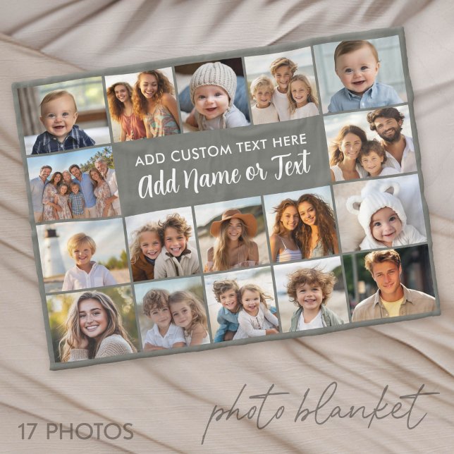 17-Foto-Collage - Grau mit Textblock in der Mitte Fleecedecke (Photo Blanket - Personalize with Your Photos)