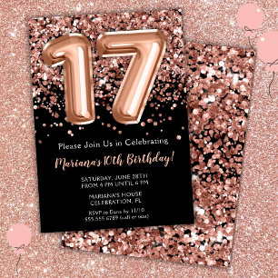 17. Geburtstag Einladung Black Rose Gold Glitzer