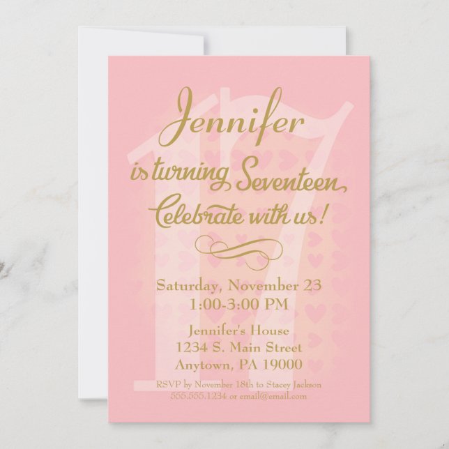 17. Geburtstag Einladung Girls Pink Gold Herzen (Vorderseite)
