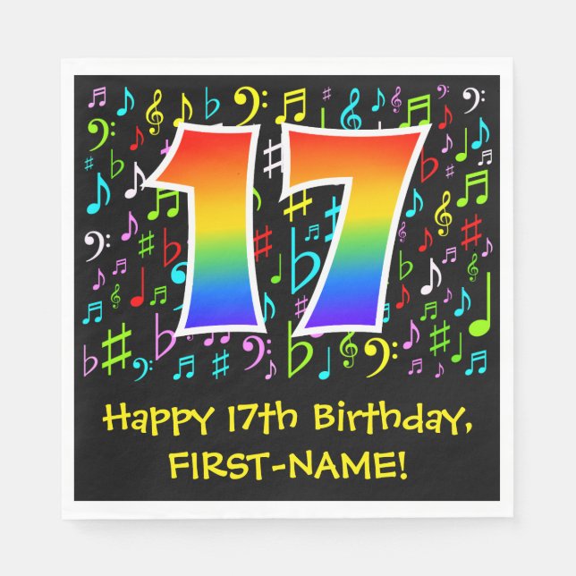 17. Geburtstag - Farbige Musiksymbole, Regenbogen  Serviette (Vorderseite)