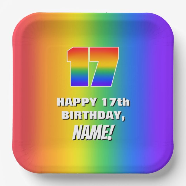 17. Geburtstag: Farbiges, lustiges Regenbogenmuste Pappteller (Vorderseite)