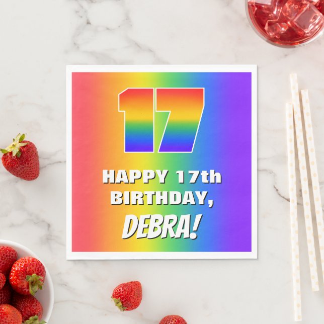 17. Geburtstag: Farbiges, lustiges Regenbogenmuste Serviette (Beispiel)