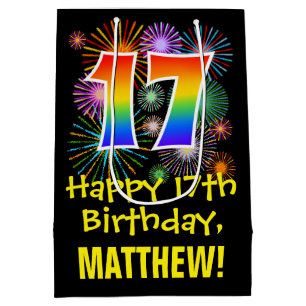 17. Geburtstag: Fun Fireworks Pattern + Regenbogen Mittlere Geschenktüte