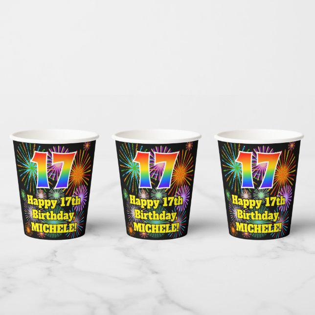 17. Geburtstag: Fun Fireworks Pattern + Regenbogen Pappbecher (Multi)