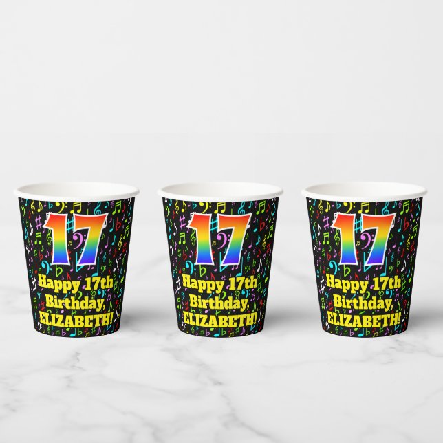 17. Geburtstag: Fun Musiknotens Pattern, Regenboge Pappbecher (Multi)