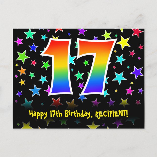17. Geburtstag: Fun Sterne Muster, Regenbogen 17,  Postkarte (Vorderseite)
