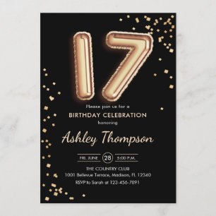 17. Geburtstag - Gold Balloons Black Einladung