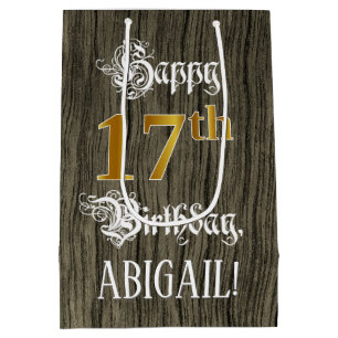 17. Geburtstag: Imitate Gold Look & Imitate Holzmu Mittlere Geschenktüte