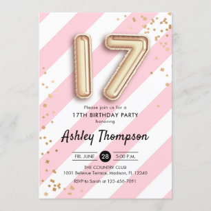 17. Geburtstag - Rosa Streifen und Goldballons Einladung