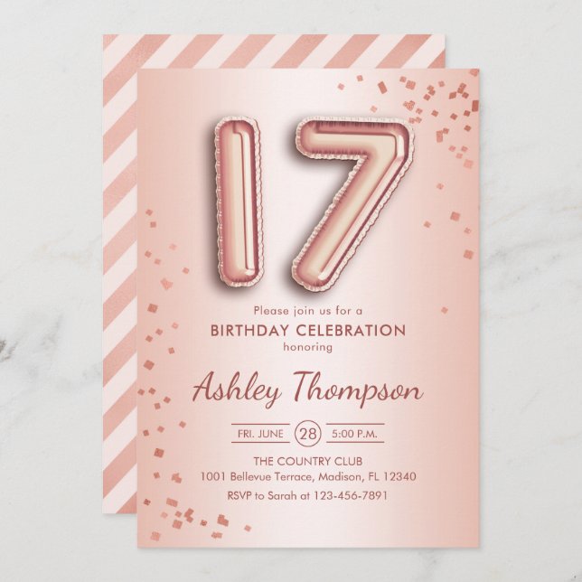 17. Geburtstag - Rose Goldballons Einladung (Vorne/Hinten)