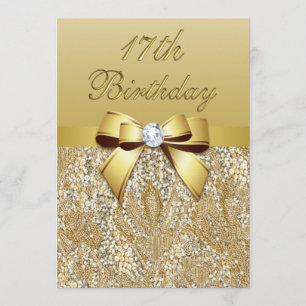 17. Geburtstags-Gold-Imitats und Bow Einladung