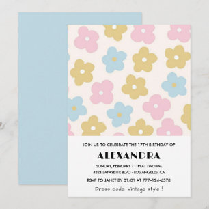 17. Geburtstagseinladungen Retro Blue Pink Blume Einladung