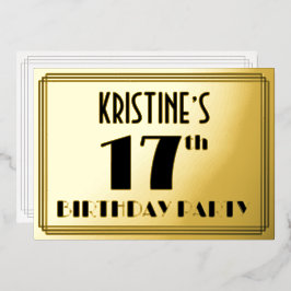 17. Geburtstagsparty — Art Deco Look "17" + Name Folieneinladung