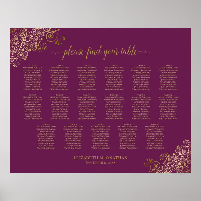 17 Tabelle Cassis Lila Gold Wedding Seating Chart Poster (Vorne)