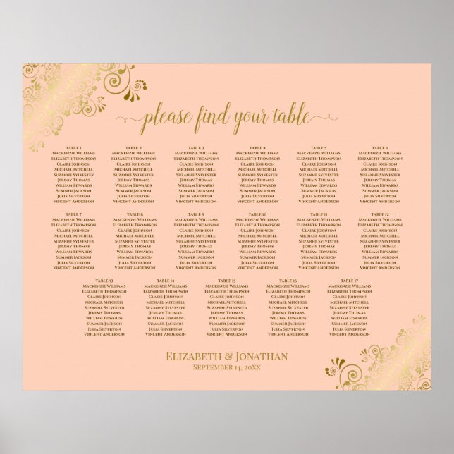 17 Tabelle Coral Peach & Gold Hochzeitskarte Poster (Vorne)
