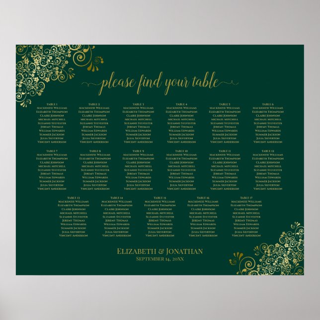 17 Tabelle Emerald Green Gold Hochzeitstabelle Poster (Vorne)