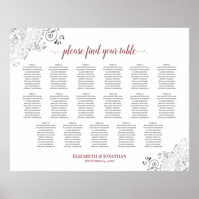 17 Tabelle Frily White Wedding Seating Chart Red Poster (Vorne)
