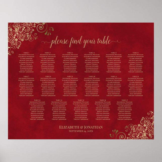 17 Tabelle Gold Frills auf Red Wedding Seating Cha Poster (Vorne)
