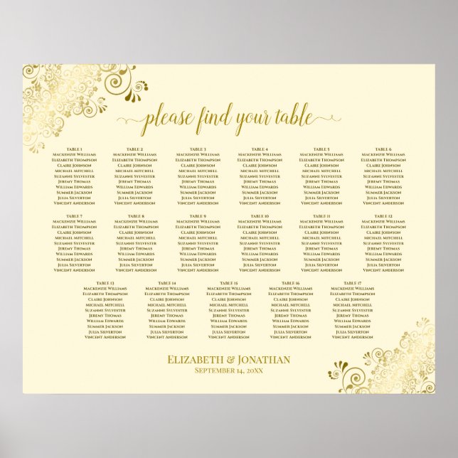 17 Tabelle Gold Frills Cream Wedding Seating Chart Poster (Vorne)