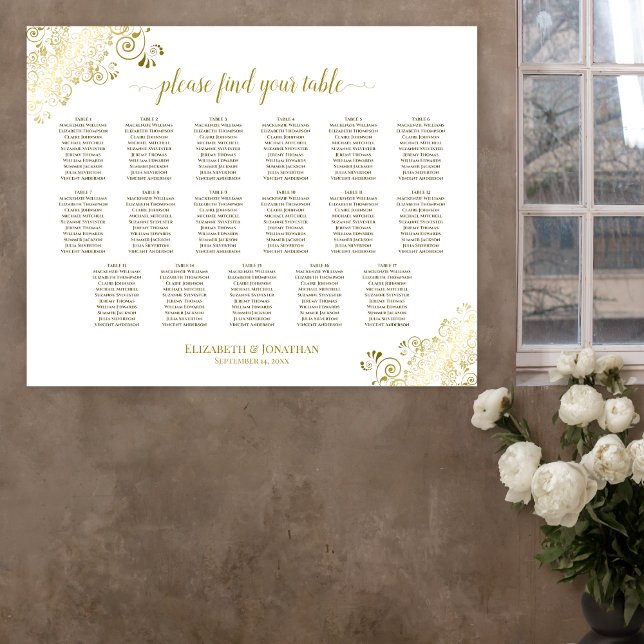17 Tabelle Gold Frills White Wedding Seating Chart Poster (In Situ on Wall)