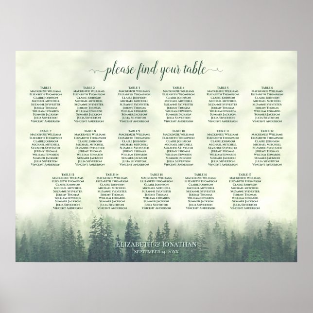 17 Tabelle Grüne Pinienwälder Hochzeitstabelle Poster (Vorne)