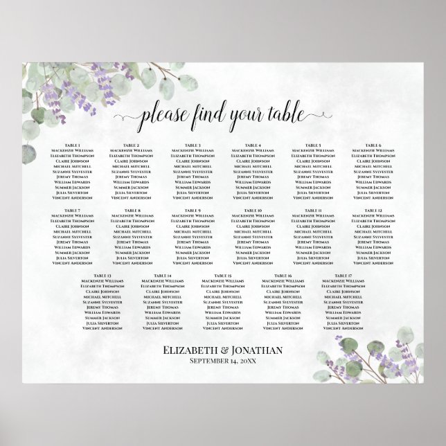 17 Tabelle Hochzeitskarte Lavendel Eukalyptus Poster (Vorne)