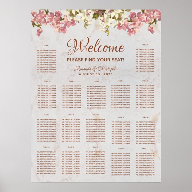 17 Tabelle Hochzeitskarte Marmor Rosa Orchideen Poster (Vorne)