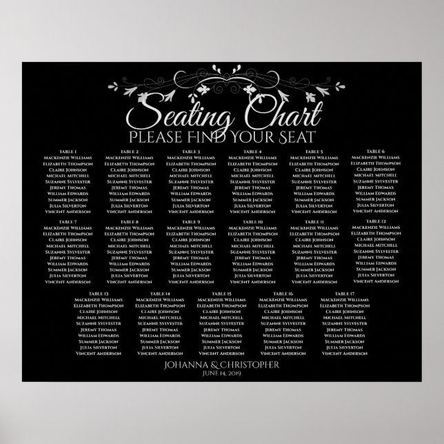 17 Tabelle Lacy Border Black Wedding Seating Chart Poster (Vorne)