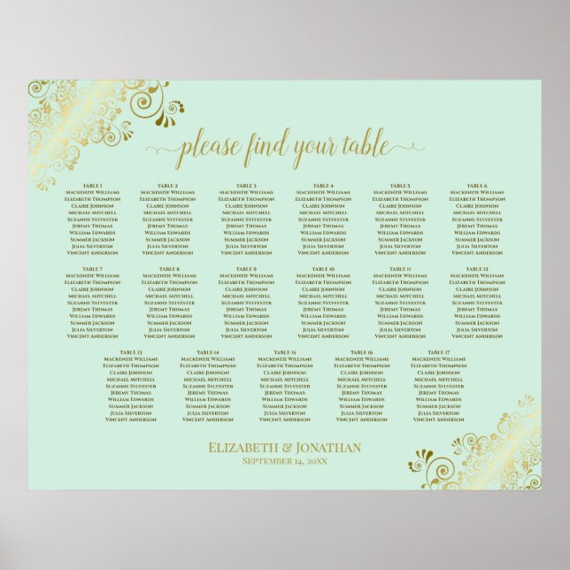 17 Tabelle Minze Green & Gold Hochzeitskarte Poster (Vorne)