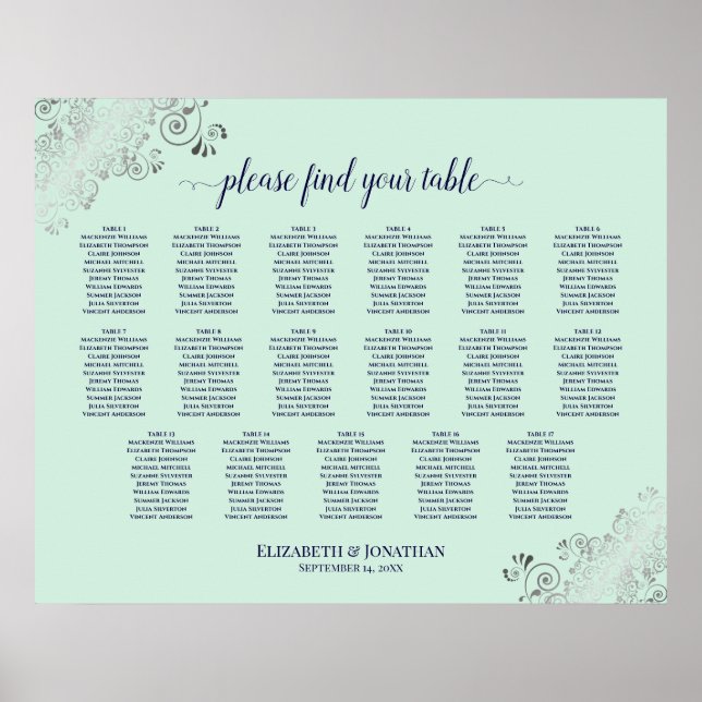 17 Tabelle Minze Green & Navy Hochzeitskarte Poster (Vorne)