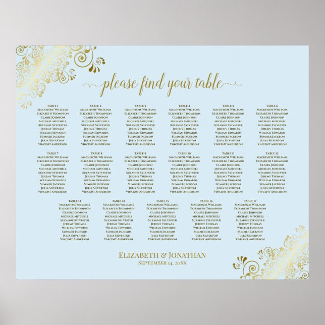17 Tabelle Powder Blue & Gold Hochzeitskarte Poster (Vorne)